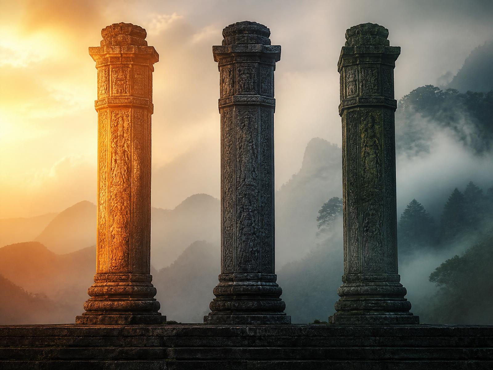 Three stone pillars at sunrise